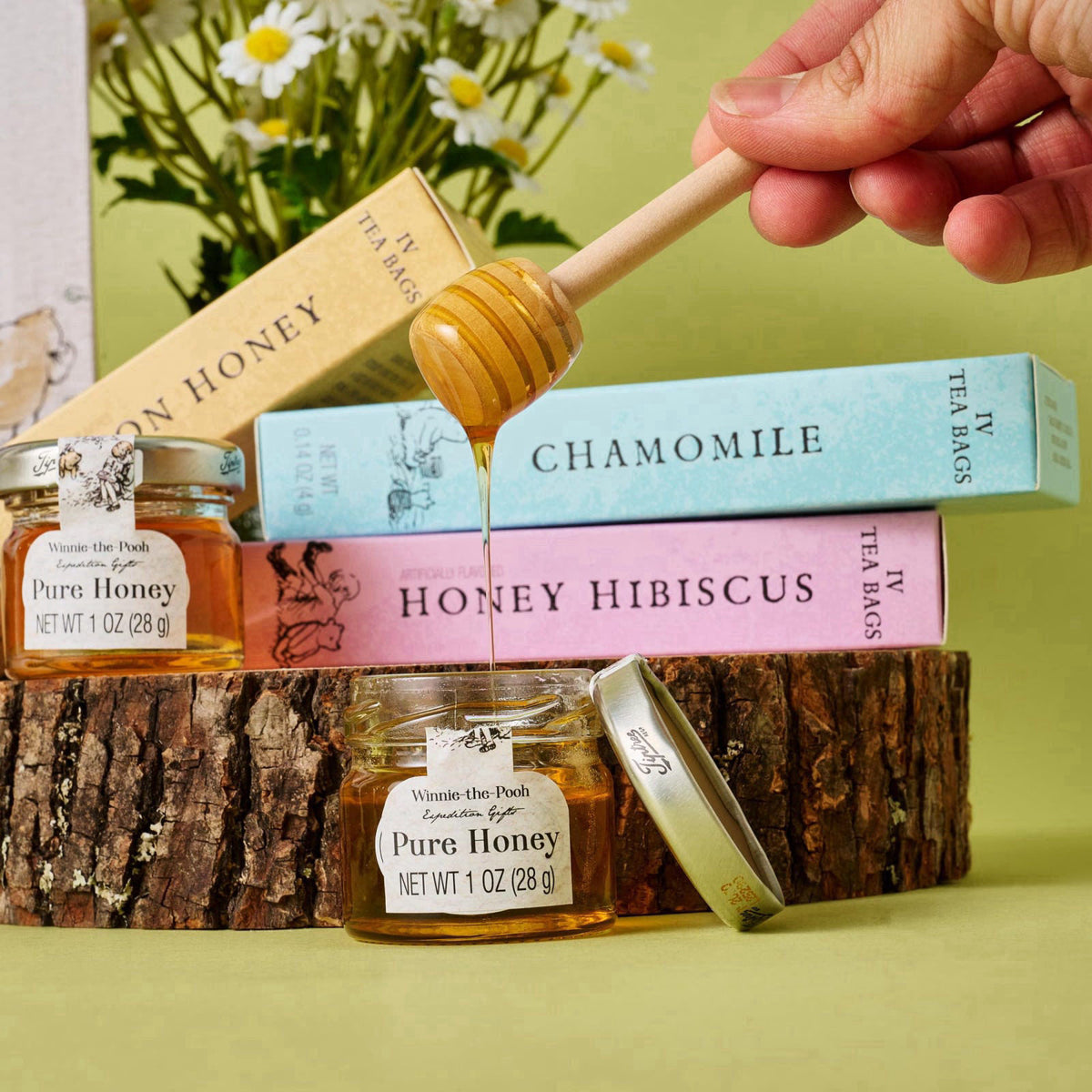 Thoughtfully Winnie-the-Pooh Tea & Honey Gift Set, 12 Tea Bags, 2 Honey Jars – back view and specifications