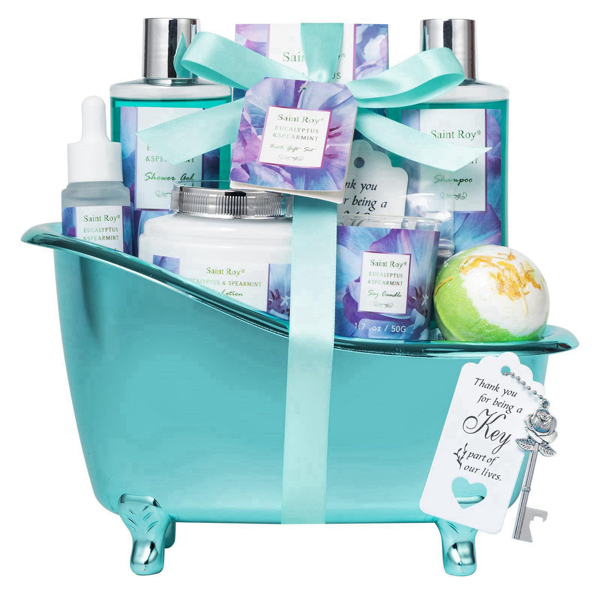 Saint Roy Bath and Body Basket Set, EUCALYPTUS & Mint Spa Gift Basket for Women – packaging and label