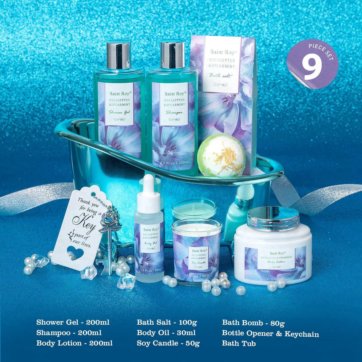 Saint Roy Bath and Body Basket Set, EUCALYPTUS & Mint Spa Gift Basket for Women – full view