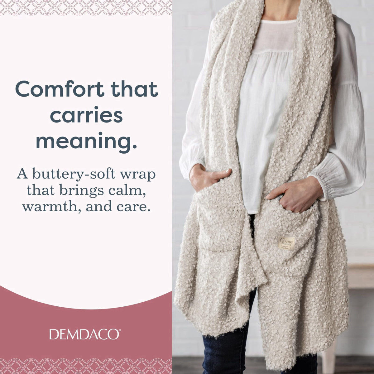 DEMDACO Giving Collection Giving Shawl with Pockets, Cool Cream, One Size – close-up detail in Cream