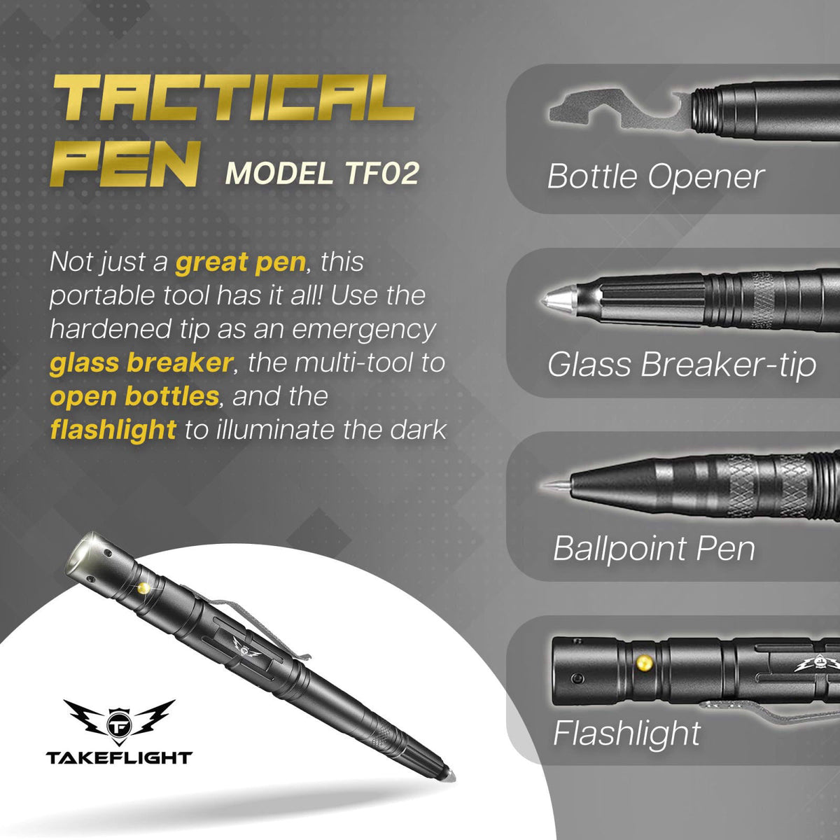 TF TAKEFLIGHT Tactical Pen – Self Defense Survival EDC Pen with LED Flashlight, Glass Breaker & Bottle Opener – Military