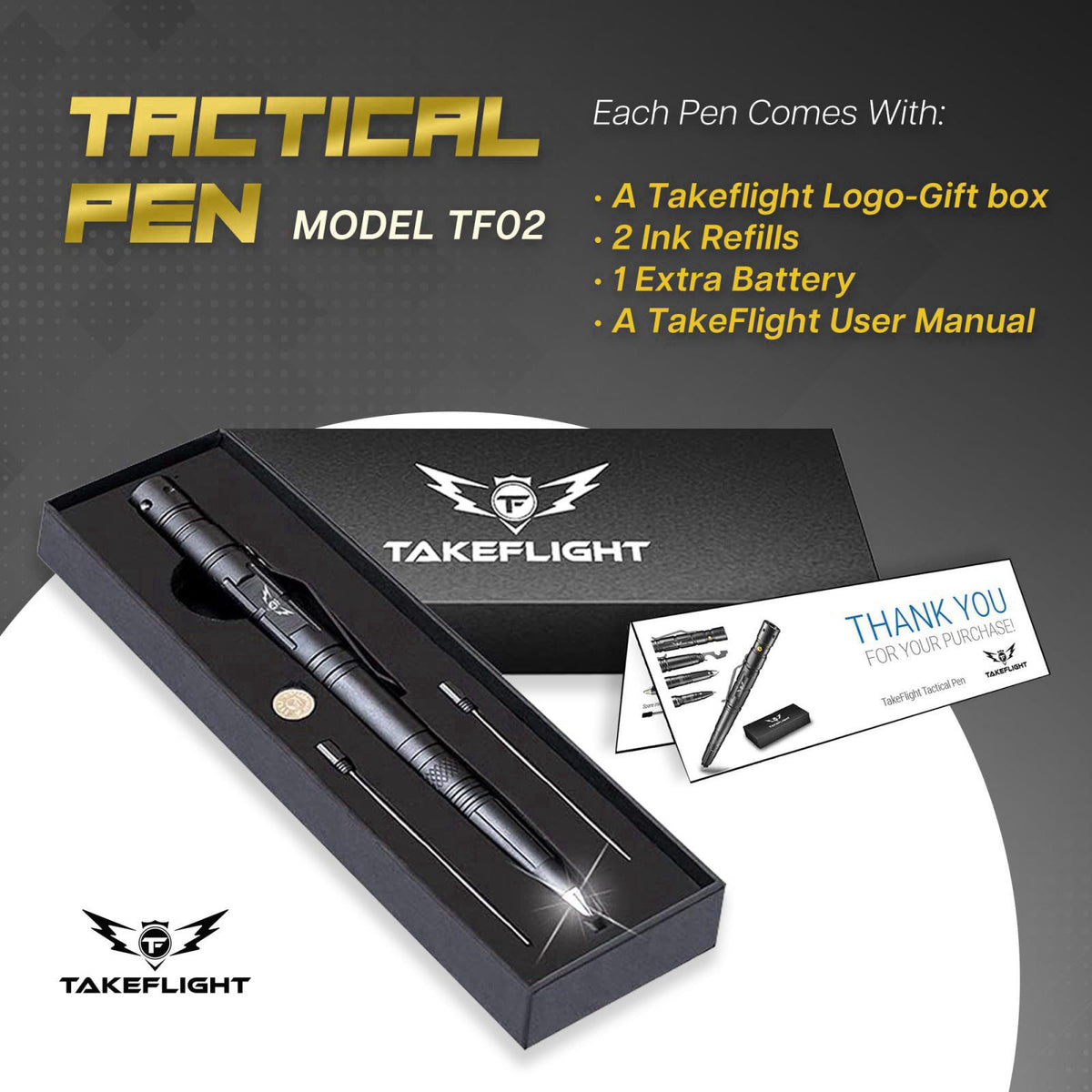 TF TAKEFLIGHT Tactical Pen – Self Defense Survival EDC Pen with LED Flashlight, Glass Breaker & Bottle Opener – Military