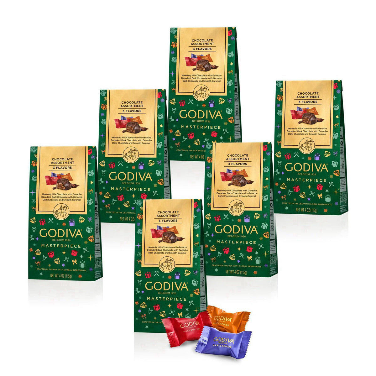 4.9 4.9 out of 5 stars GODIVA Masterpiece Milk and Dark Chocolate Holiday Gift Bag, Set of 6 Bags – close-up detail