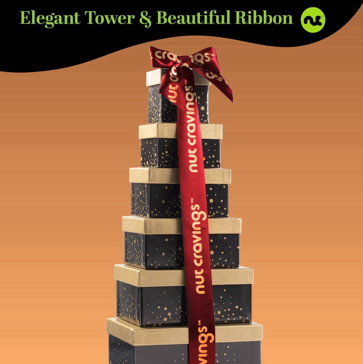 NUT CRAVINGS Halloween Dried Fruit & Nuts Black Gift Tower, 12 Assortments – back view and specifications