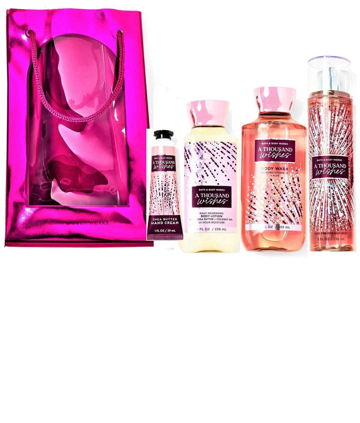 Bath & Body Works A Thousand Wishes - Gift Bag Set - Fine Fragrance Mist 8 Oz, Shower Gel 10 oz , Body Lotion 8 oz and H