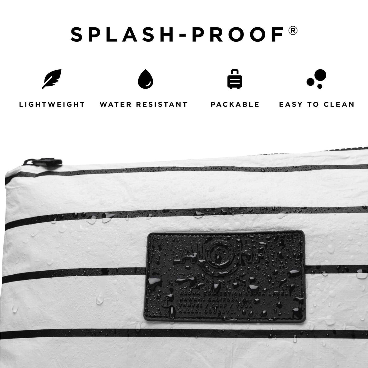 ALOHA Collection Mini Hip Pack, Splash-Proof Travel Bag, White – packaging and label