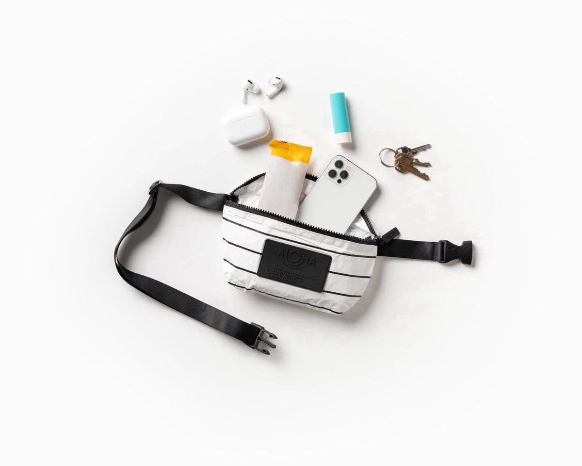 ALOHA Collection Mini Hip Pack, Splash-Proof Travel Bag, White – full view, size 8.5" x 3.75"