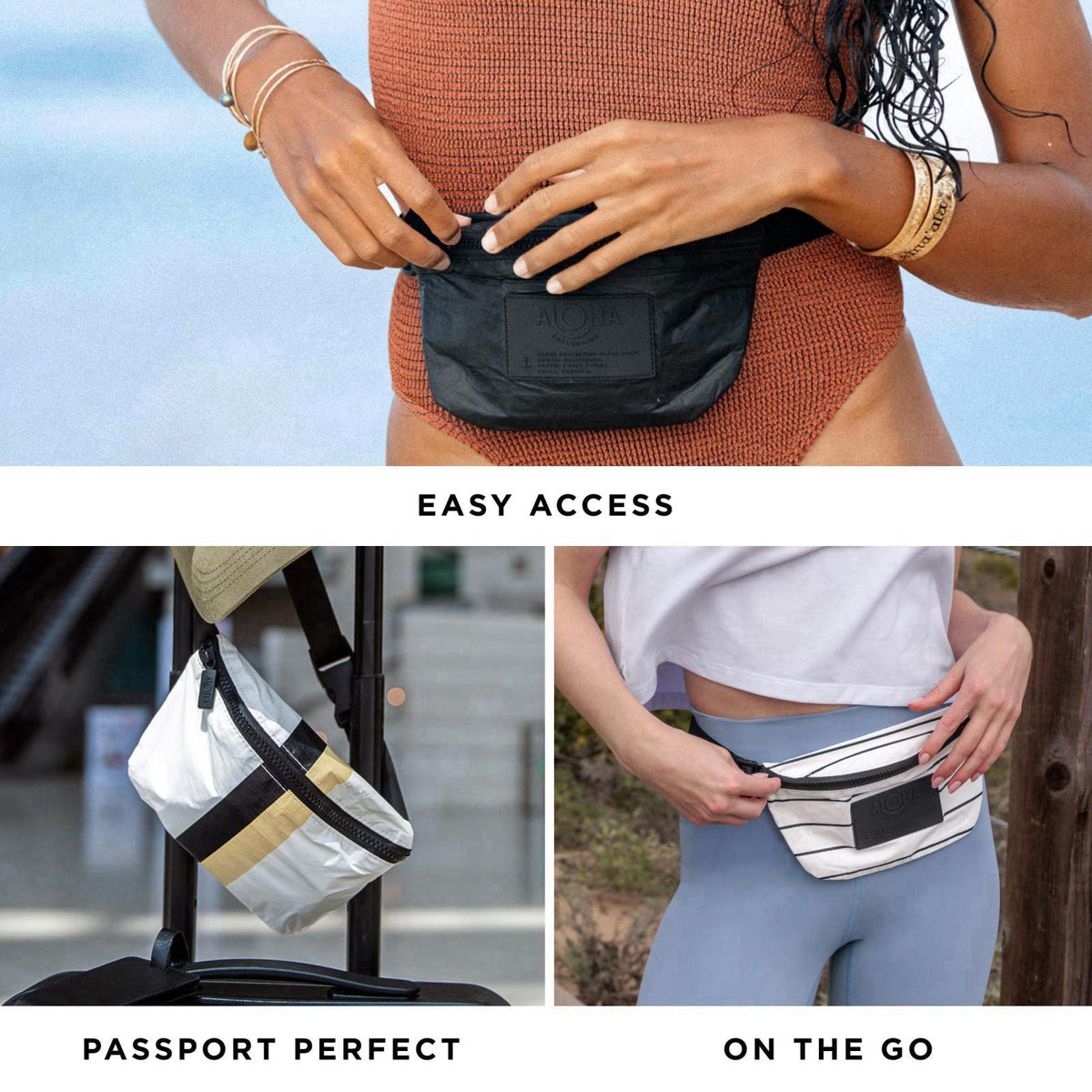 ALOHA Collection Mini Hip Pack, Splash-Proof Travel Bag, White – back view and specifications