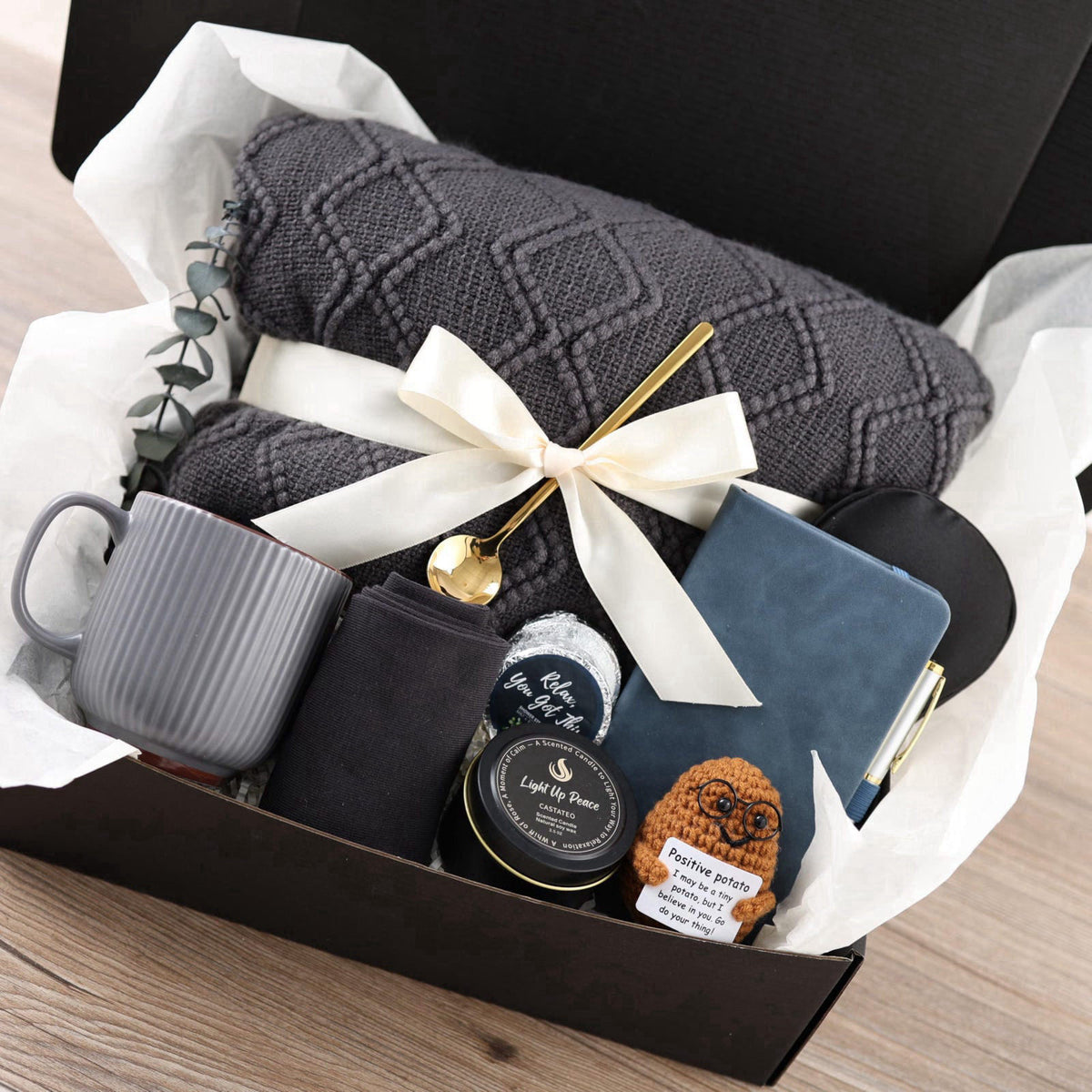 CASTATEO Thoughtful Comfort Care Package for Men & Women - Grey & Navy Gift Box with Knitted Blanket, Ceramic Mug & Posi