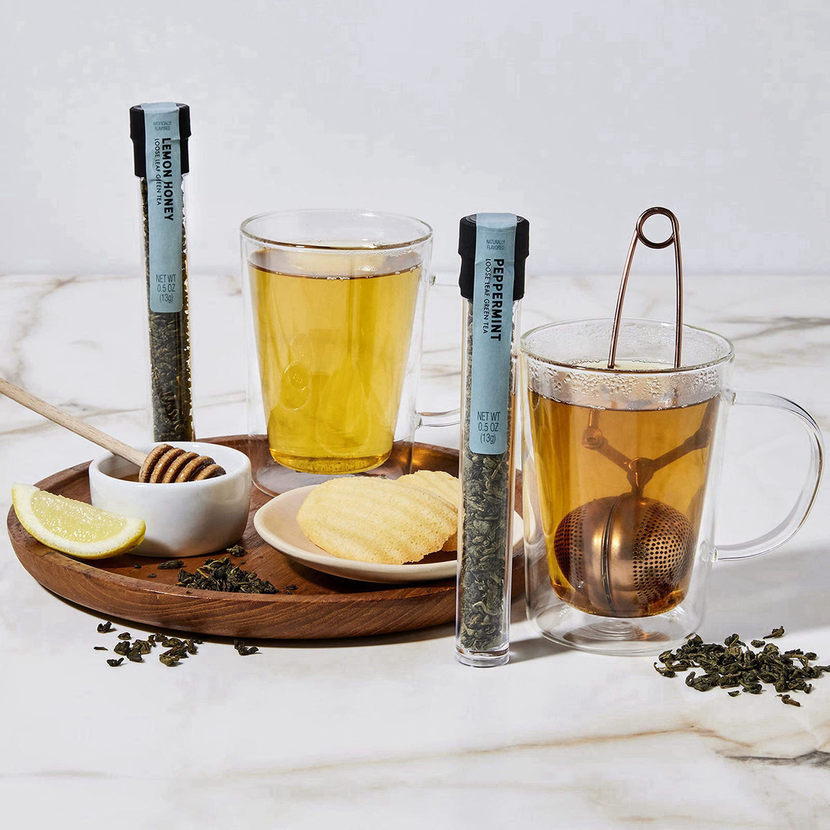 Thoughtfully Tea Therapy Loose Leaf Tea Infusion Gift Set, Reusable Infuser, Set of 7 – packaging and label