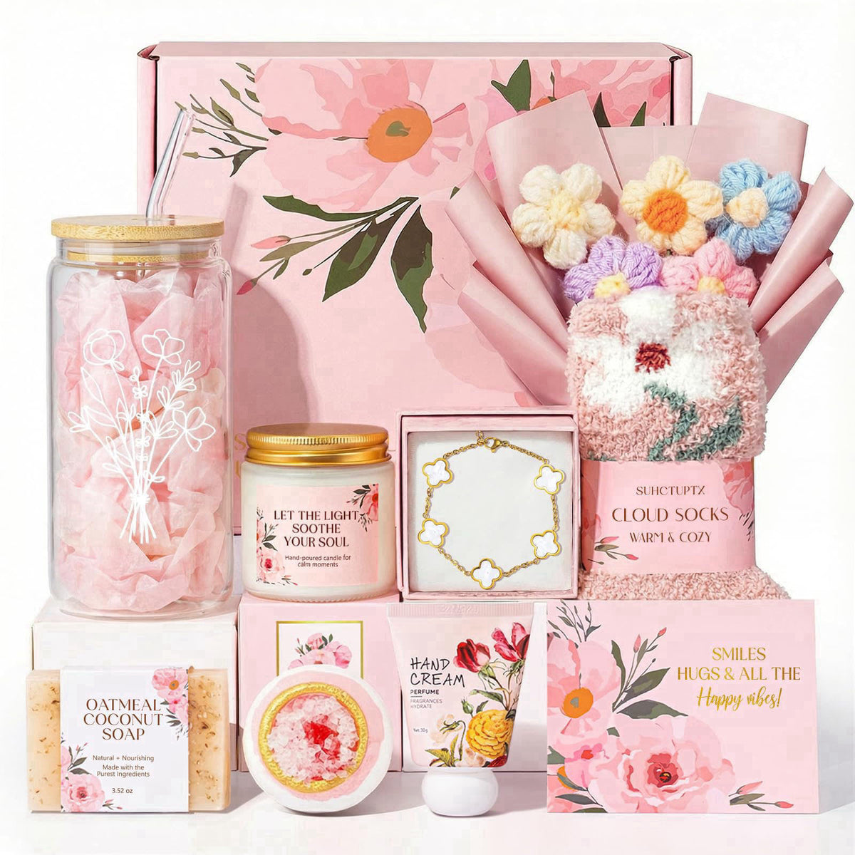 Suhctuptx Gifts for Women, 9pcs Happy Birthday Gifts for Women, Christmas Ideas Mothers Day Gift Baskets Unique Rose Sel