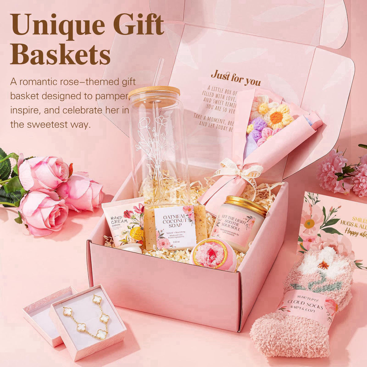 Suhctuptx Gifts for Women, 9pcs Happy Birthday Gifts for Women, Christmas Ideas Mothers Day Gift Baskets Unique Rose Sel