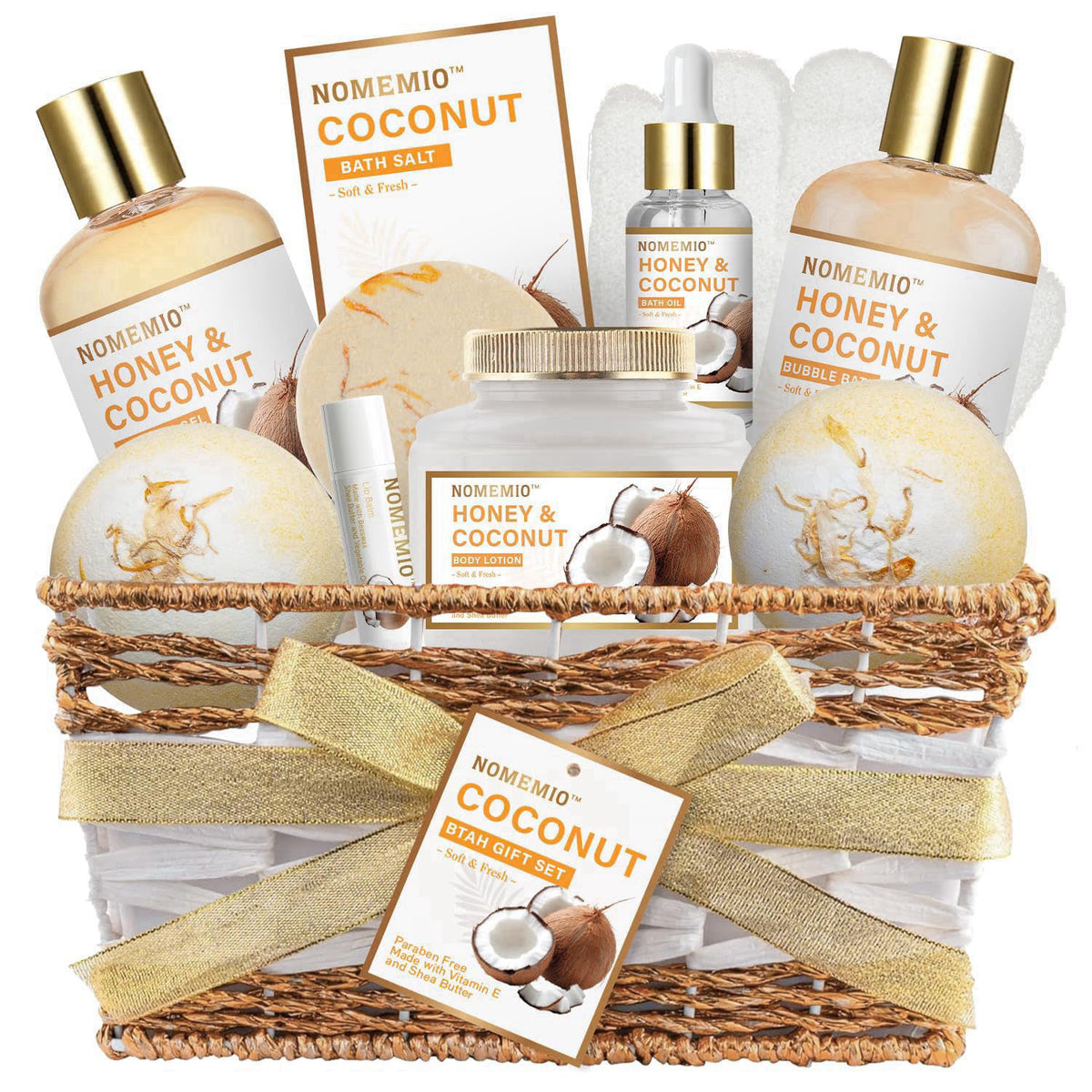 Nomemio Birthday Gifts for Women, 11pcs Honey & Coconut Luxury Gift Basket Bubble Bath Skincare Gift Set – product photo