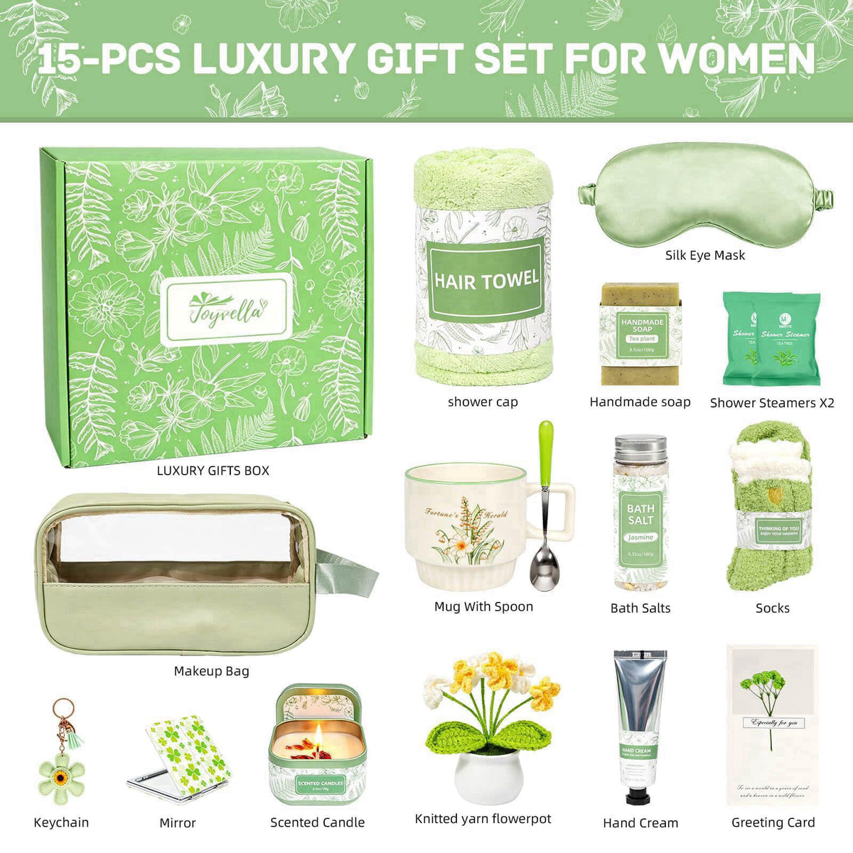 Joyvella Birthday Gifts for Women, Luxury Self Care Gift Basket for Mom Teacher Her – close-up detail in Green