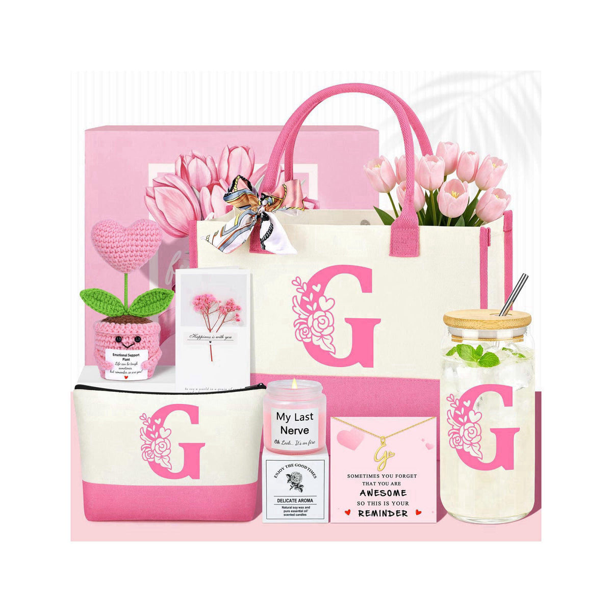 GQDECOR Personalized Monogrammed Customized Pink Birthday Gifts for Women, Initial G Birthday Gift Basket for Women Moth