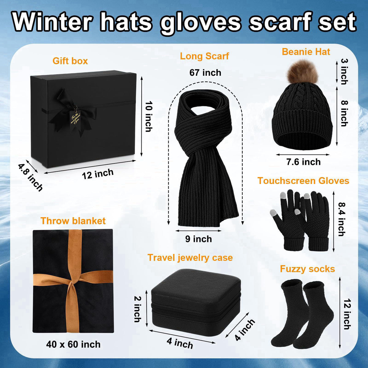 Mumucove 7 Pcs Winter Gift Set for Woman Hat Scarf Gloves – close-up detail in Black