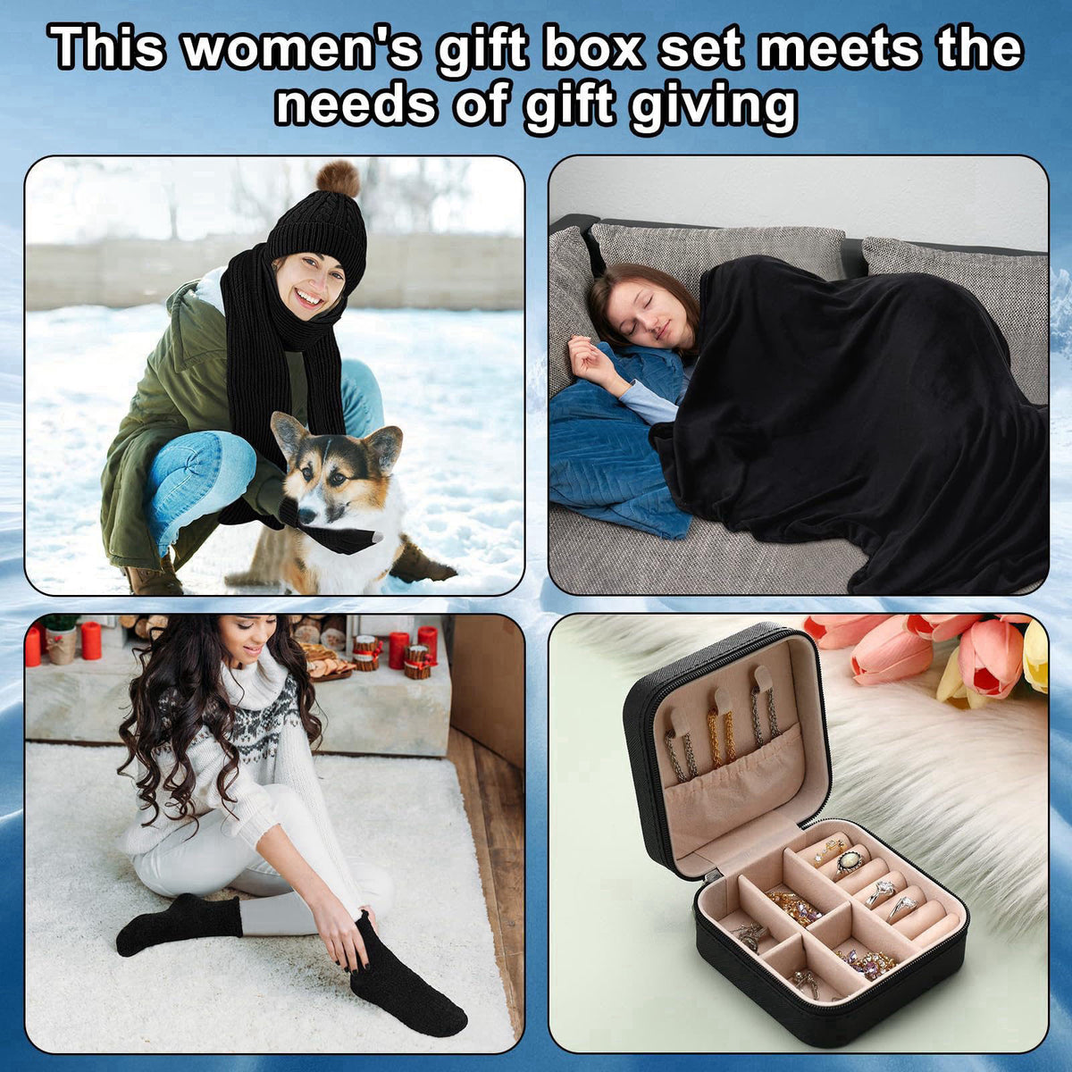 Mumucove 7 Pcs Winter Gift Set for Woman Hat Scarf Gloves – packaging and label