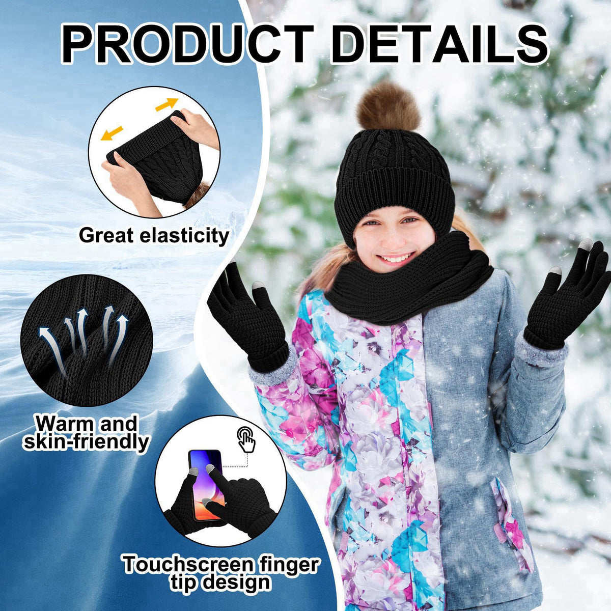 Mumucove 7 Pcs Winter Gift Set for Woman Hat Scarf Gloves – full view, size Length (in) Width (in)
