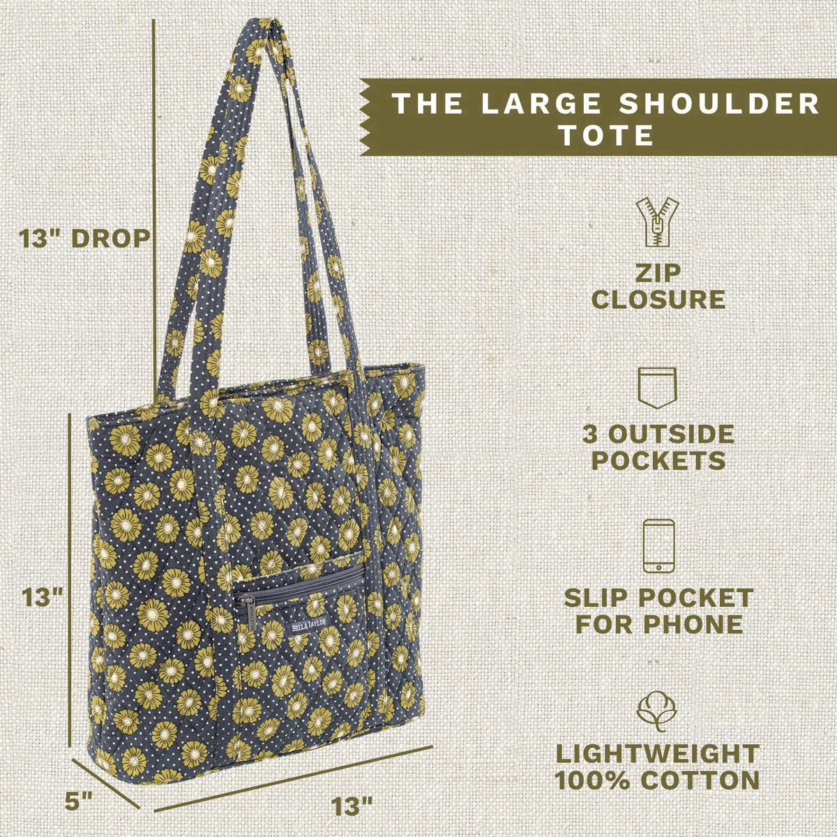 Bella Taylor Large Tote, Quilted Shoulder Bag for Women – packaging and label