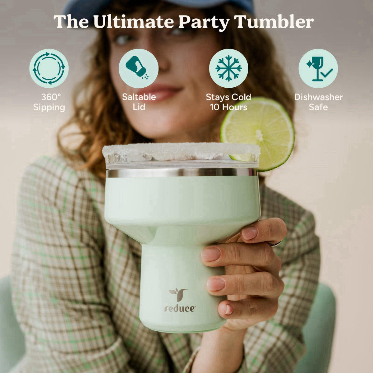 REDUCE Saltini 16oz Margarita Tumbler - Insulated Cocktail Glass with Lid – packaging and label
