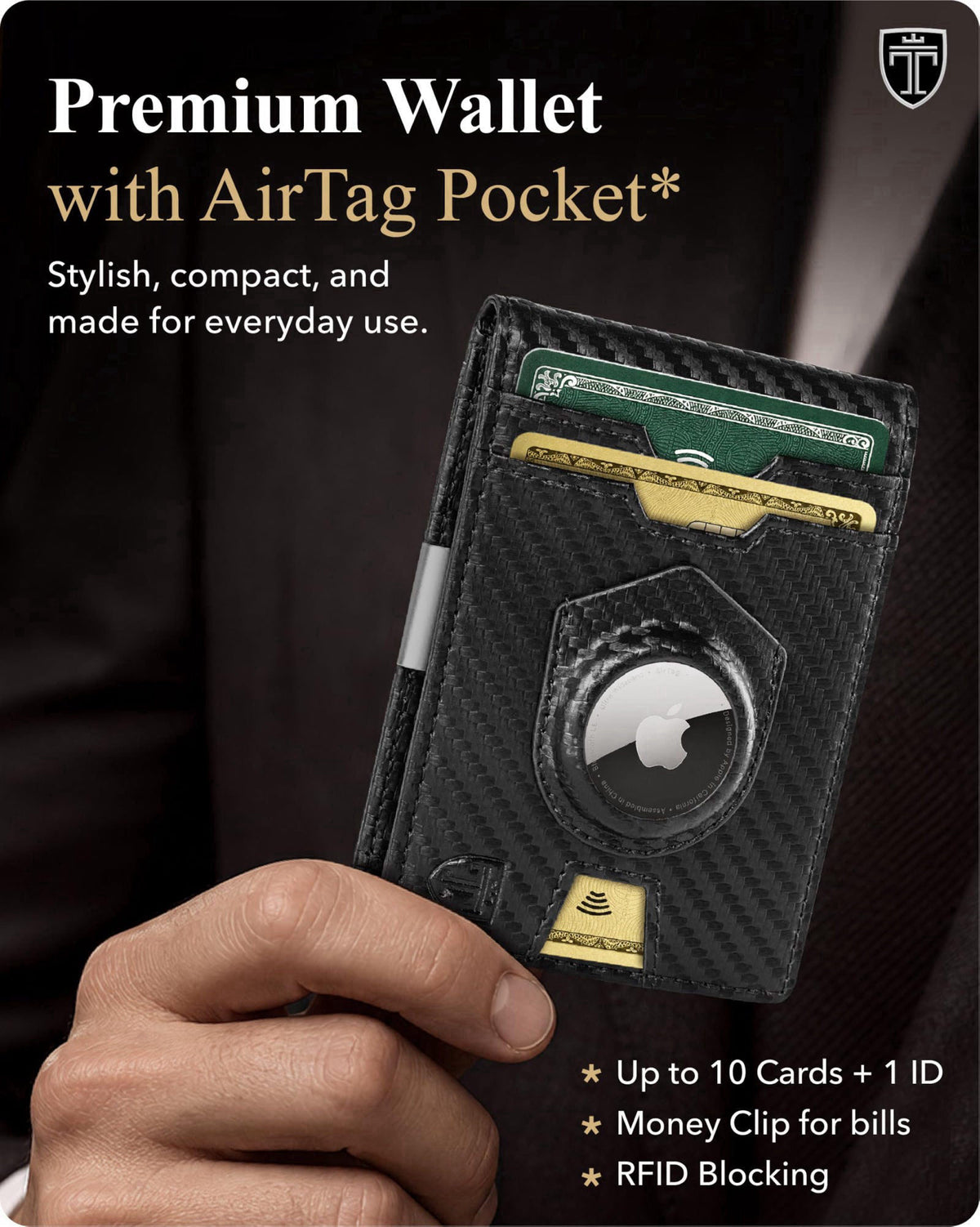 TRAVANDO Money Clip Wallet with AirTag Pocket - RFID Protected Wallet for Men for 11 Cards - including Gift Box – close-
