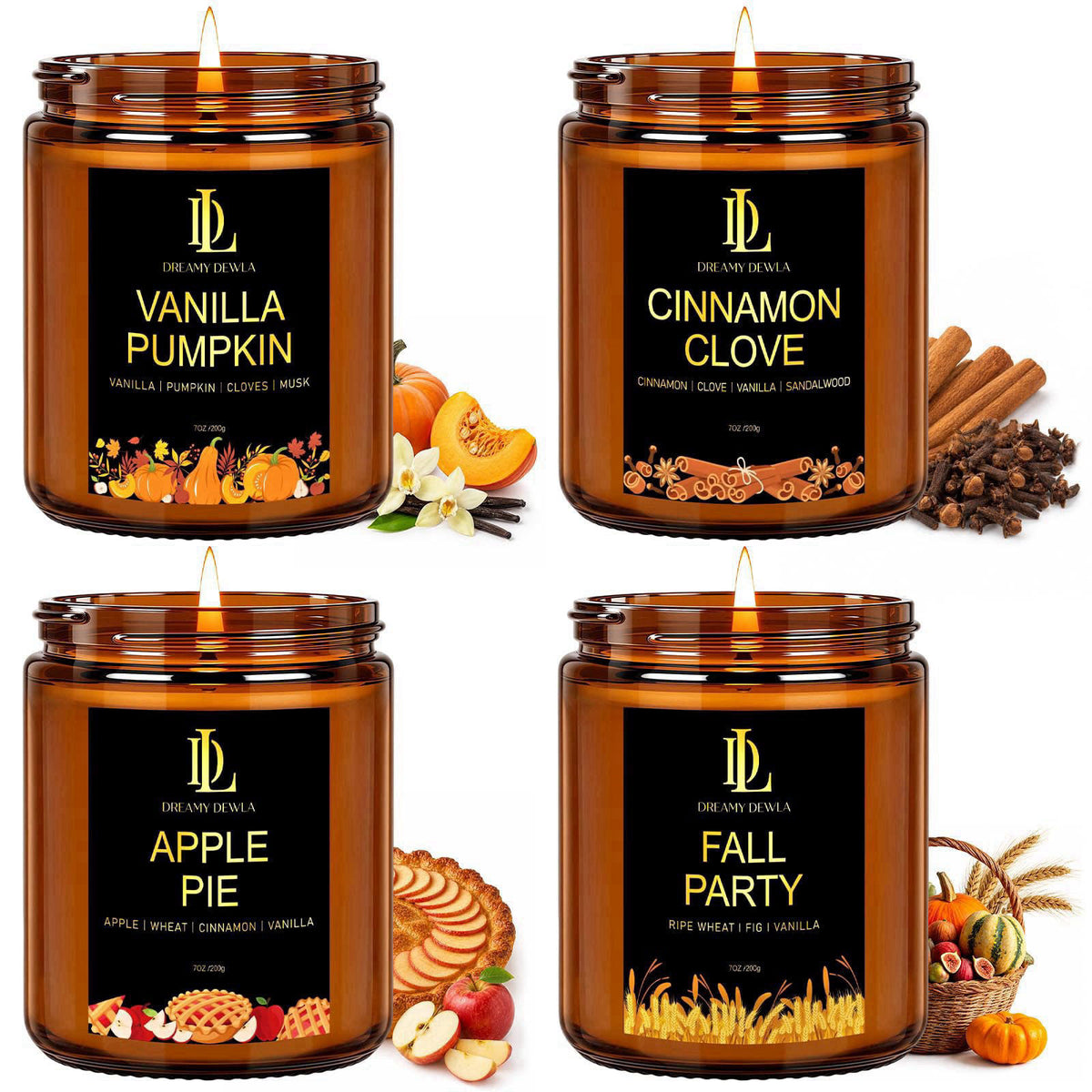DL DREAMY DEWLA Fall Candles Set for Home Scented, 4 Pack 28oz, Soy Wax – product photo (Jar Candles)