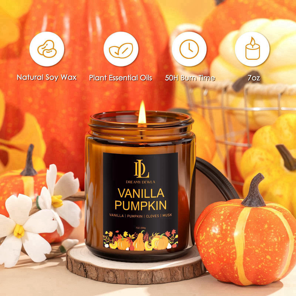 DL DREAMY DEWLA Fall Candles Set for Home Scented, 4 Pack 28oz, Soy Wax – close-up detail in Vanilla Pumpkin/Cinnamon Cl