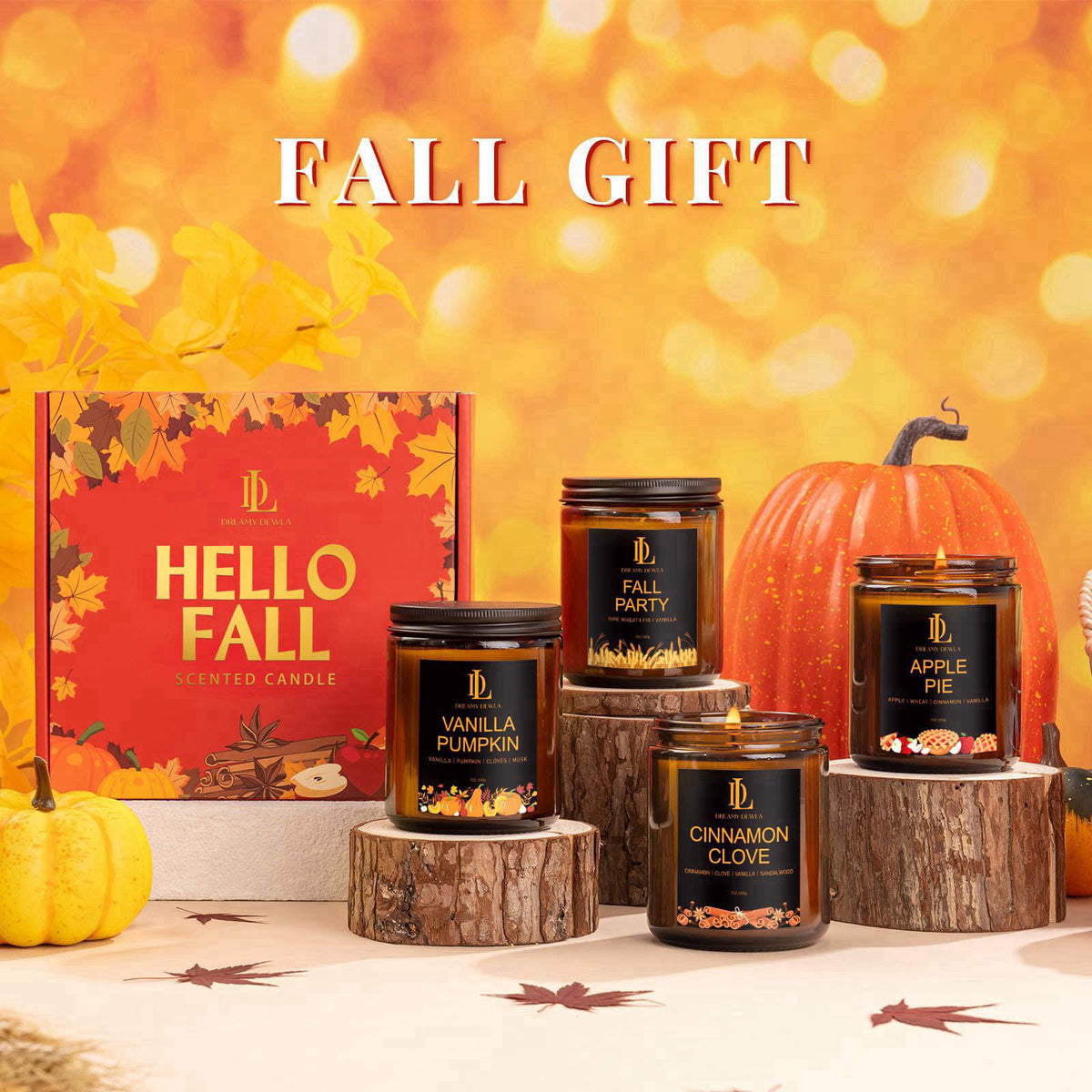 DL DREAMY DEWLA Fall Candles Set for Home Scented, 4 Pack 28oz, Soy Wax – full view
