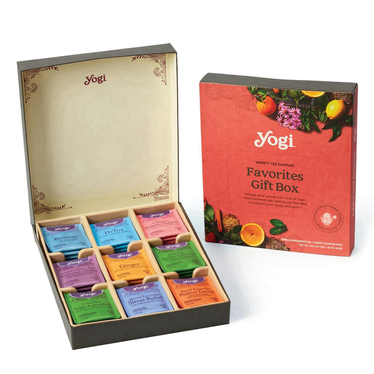 4.8 4.8 out of 5 stars Yogi Favorites Gift Box, 45 Tea Bags (5 Bags per Flavor) – product photo (Tea Samplers)