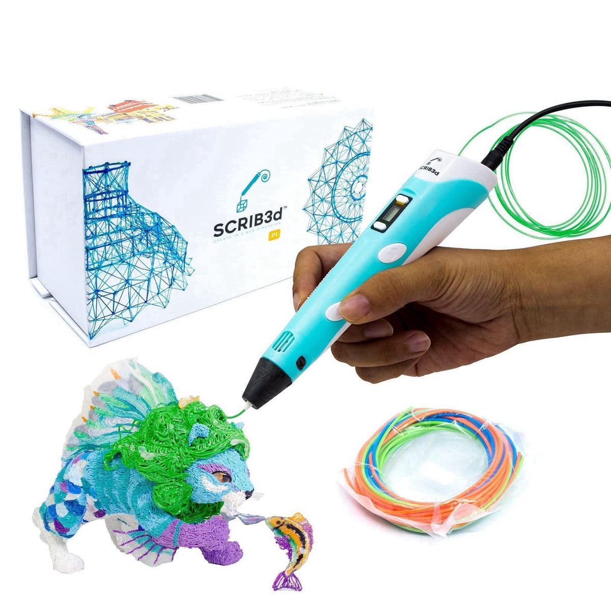 SCRIB3D P1 3D Printing Pen with Display - Includes 3D Pen, 3 Starter Colors of PLA Filament, Stencil Book + Project Guid