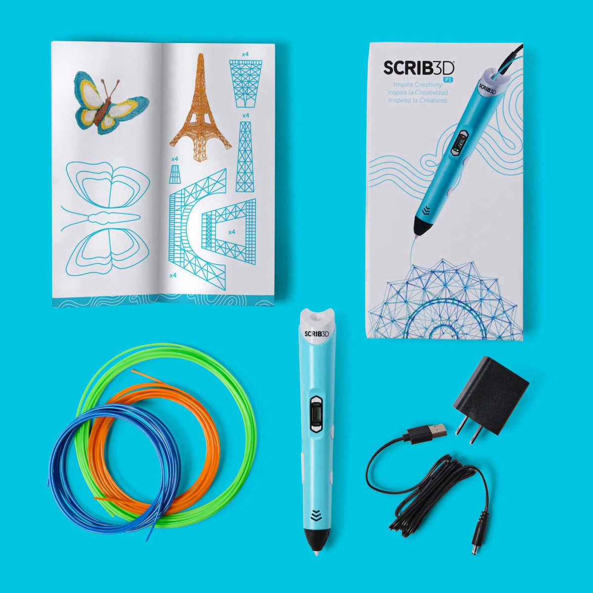 SCRIB3D P1 3D Printing Pen with Display - Includes 3D Pen, 3 Starter Colors of PLA Filament, Stencil Book + Project Guid
