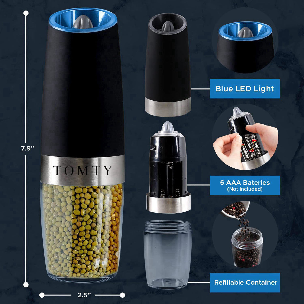 TOMTY Gravity Electric Salt and Pepper Grinder Set White Elephant Gifts for Women Who Have Everything Gifts for Men Chri