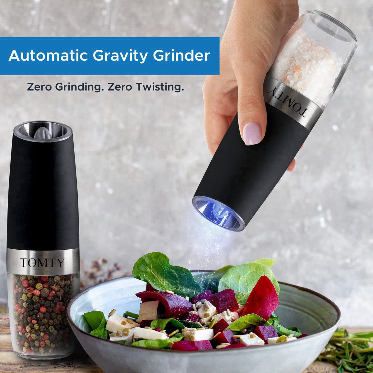 TOMTY Gravity Electric Salt and Pepper Grinder Set White Elephant Gifts for Women Who Have Everything Gifts for Men Chri