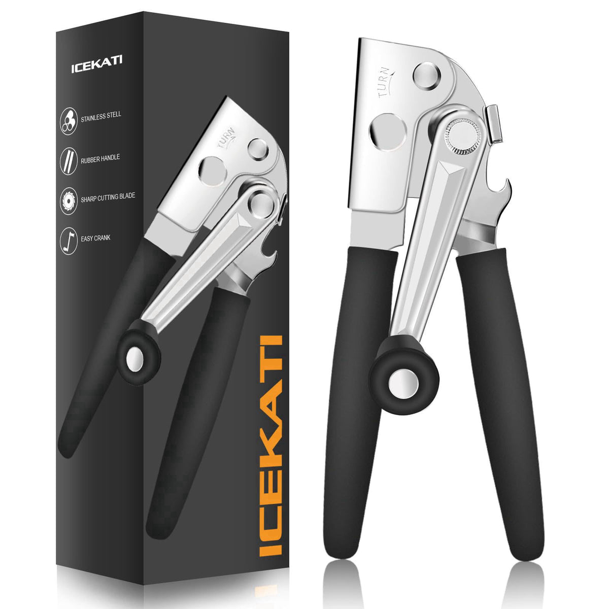 ICEKATI ICEKATl Commercial Can Opener Heavy Duty, Folding Hand Crank for Big Cans – Black, Stainless Steel, Large