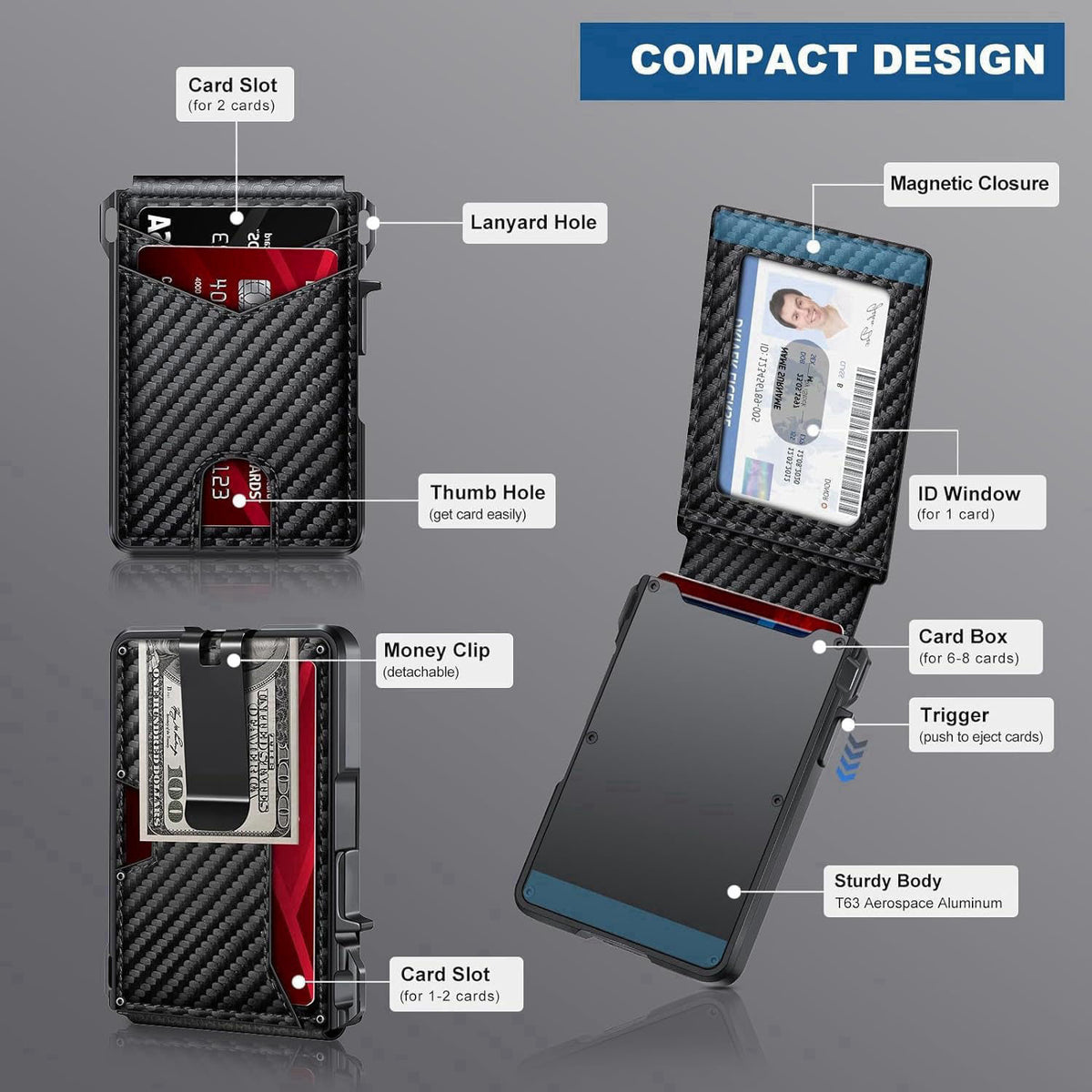 ZALVEX Wallet for Men, Mens Minimalist Wallet 9-13 Cards, Slim Compact RFID Wallet – back view and specifications