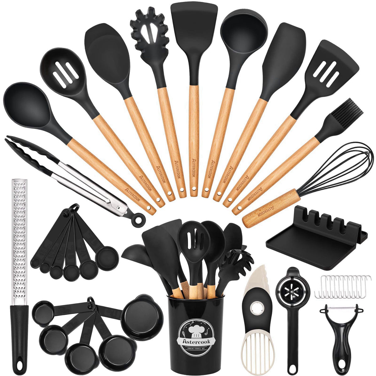 Astercook 39 PCS Kitchen Utensils Set, Silicone Cooking Utensil Sets with Wooden Handle, 446°F Heat Resistant Food Grade