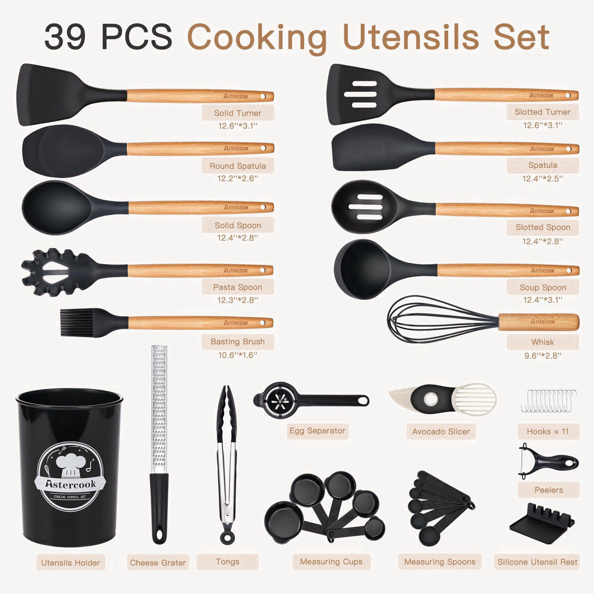 Astercook 39 PCS Kitchen Utensils Set, Silicone Cooking Utensil Sets with Wooden Handle, 446°F Heat Resistant Food Grade