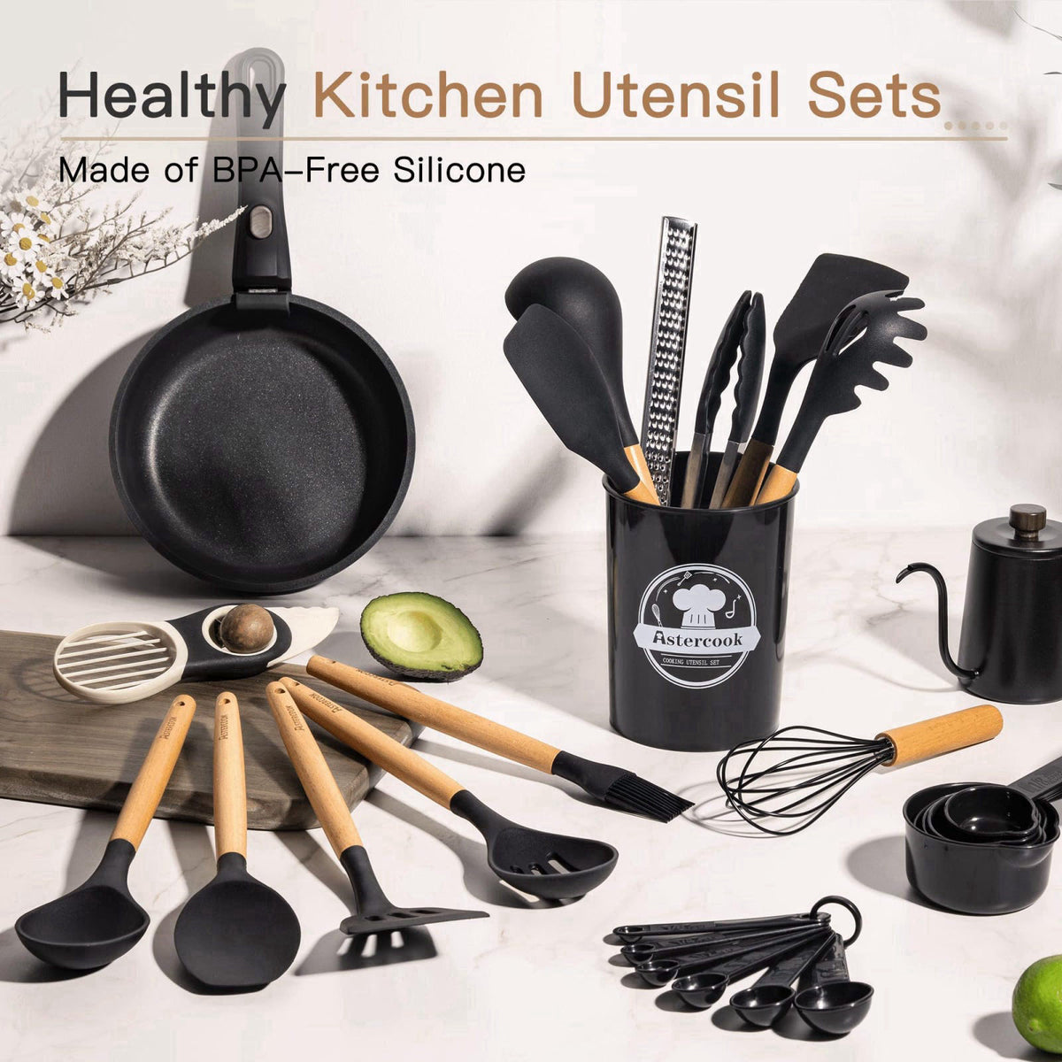 Astercook 39 PCS Kitchen Utensils Set, Silicone Cooking Utensil Sets with Wooden Handle, 446°F Heat Resistant Food Grade
