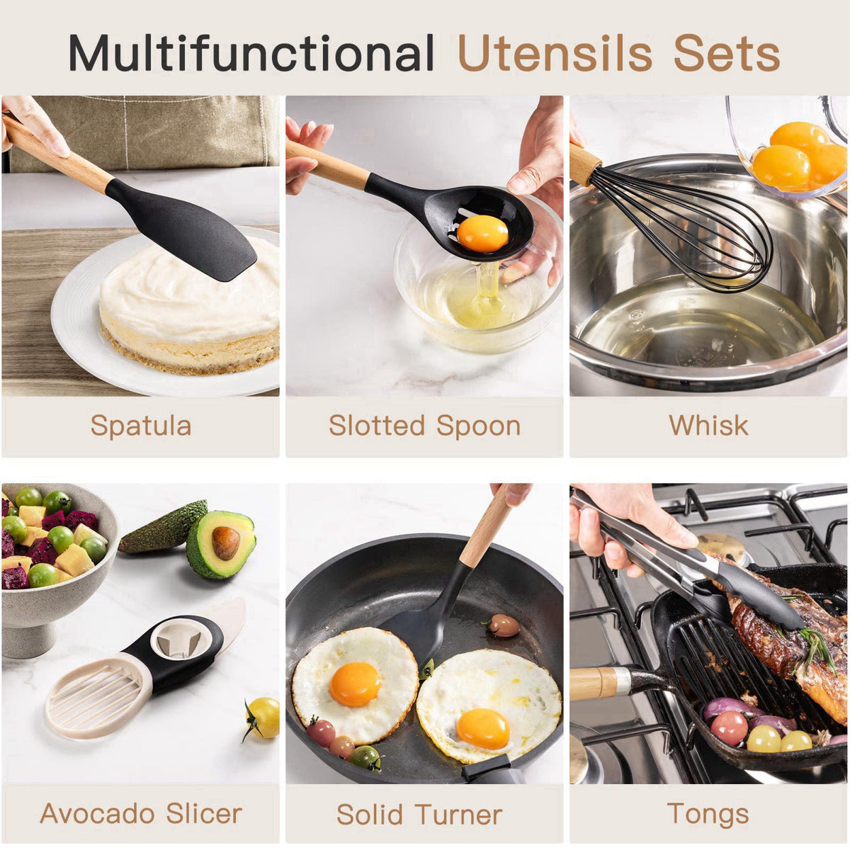 Astercook 39 PCS Kitchen Utensils Set, Silicone Cooking Utensil Sets with Wooden Handle, 446°F Heat Resistant Food Grade