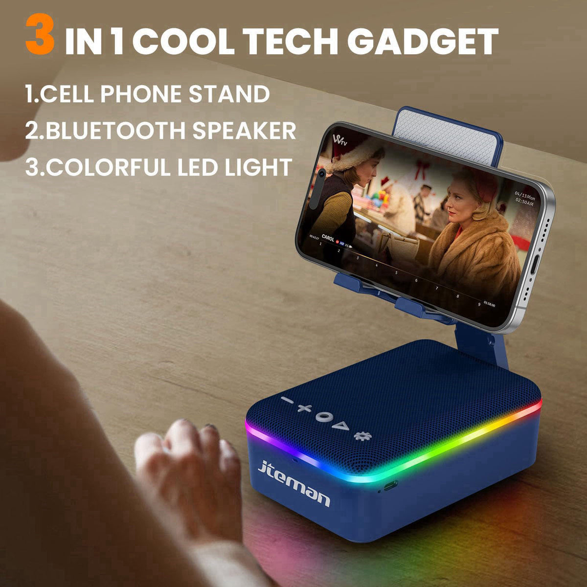 JTEMAN Gifts for Men Women,Cell Phone Stand with Bluetooth Speaker,LED Light,and Lanyard,Cool Tech Gadgets,Unique Birthd
