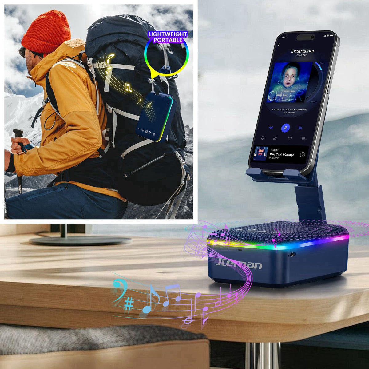 JTEMAN Gifts for Men Women,Cell Phone Stand with Bluetooth Speaker,LED Light,and Lanyard,Cool Tech Gadgets,Unique Birthd