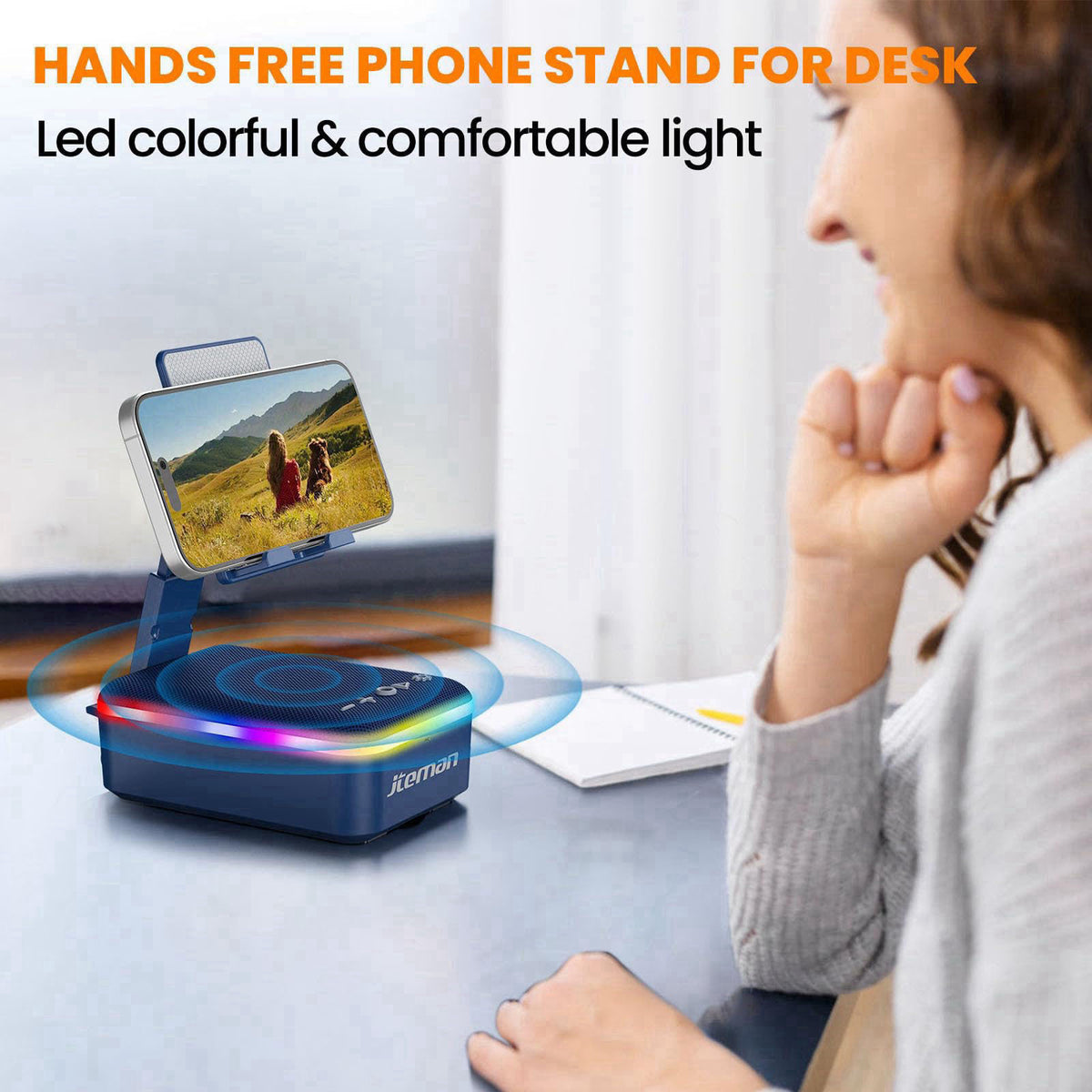 JTEMAN Gifts for Men Women,Cell Phone Stand with Bluetooth Speaker,LED Light,and Lanyard,Cool Tech Gadgets,Unique Birthd