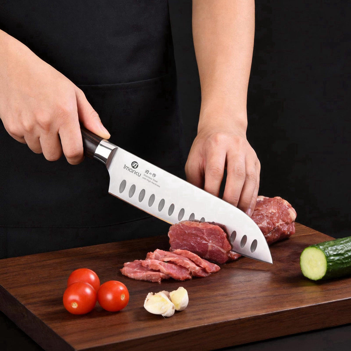 imarku Santoku Knife 7 Inch, Ultra Sharp Japanese Chef Knife-Kitchen Knife – close-up detail in Brown and Silver