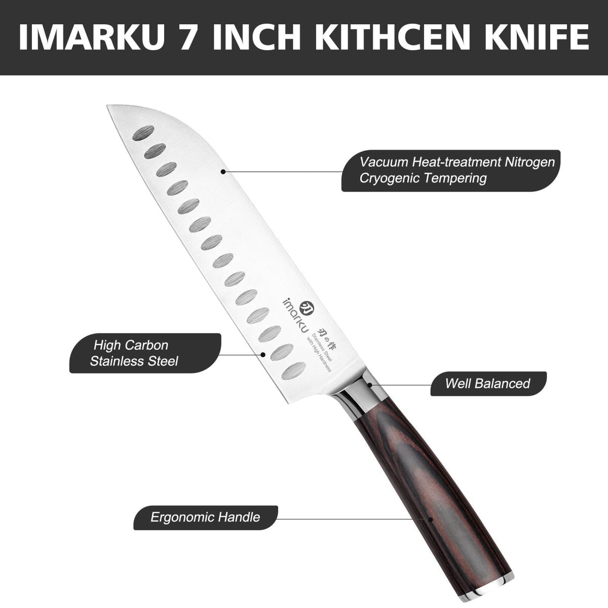 imarku Santoku Knife 7 Inch, Ultra Sharp Japanese Chef Knife-Kitchen Knife – full view, size 7"
