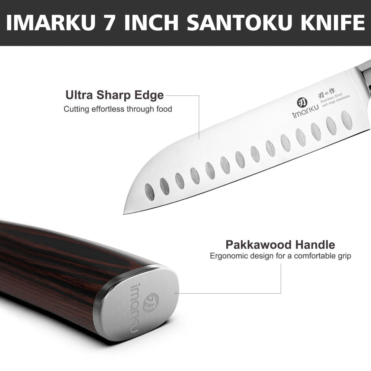imarku Santoku Knife 7 Inch, Ultra Sharp Japanese Chef Knife-Kitchen Knife – back view and specifications