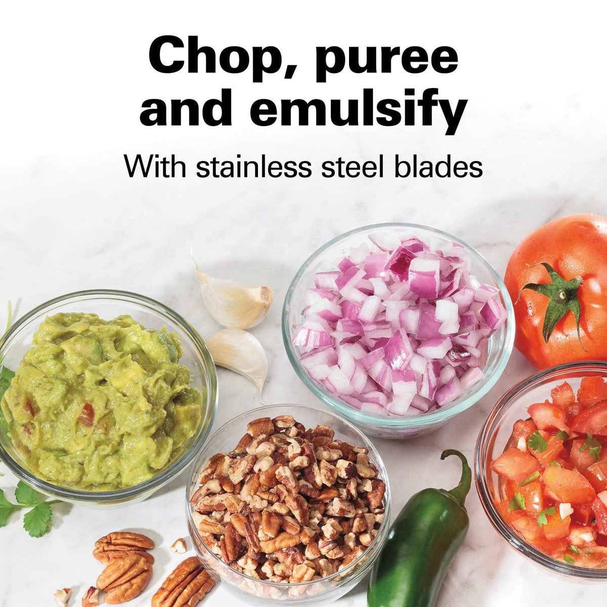 Hamilton Beach 3 Cup Electric Vegetable Chopper & Mini Food Processor – back view and specifications