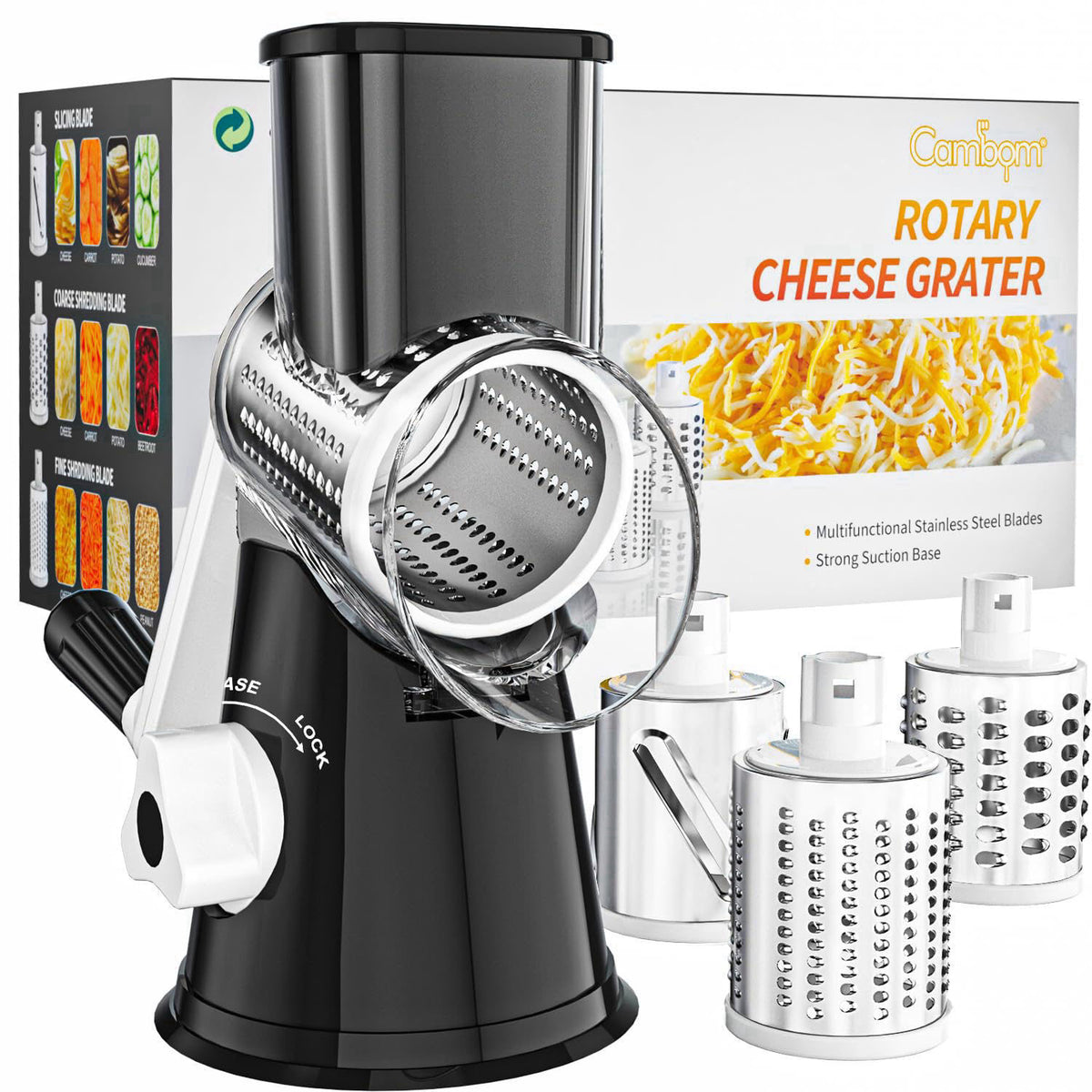 Cambom Rotary Cheese Grater Hand Crank Cheese Shredder, Black – Black, Plastic