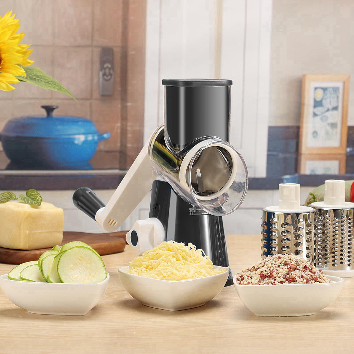 Cambom Rotary Cheese Grater Hand Crank Cheese Shredder, Black – close-up detail in Black