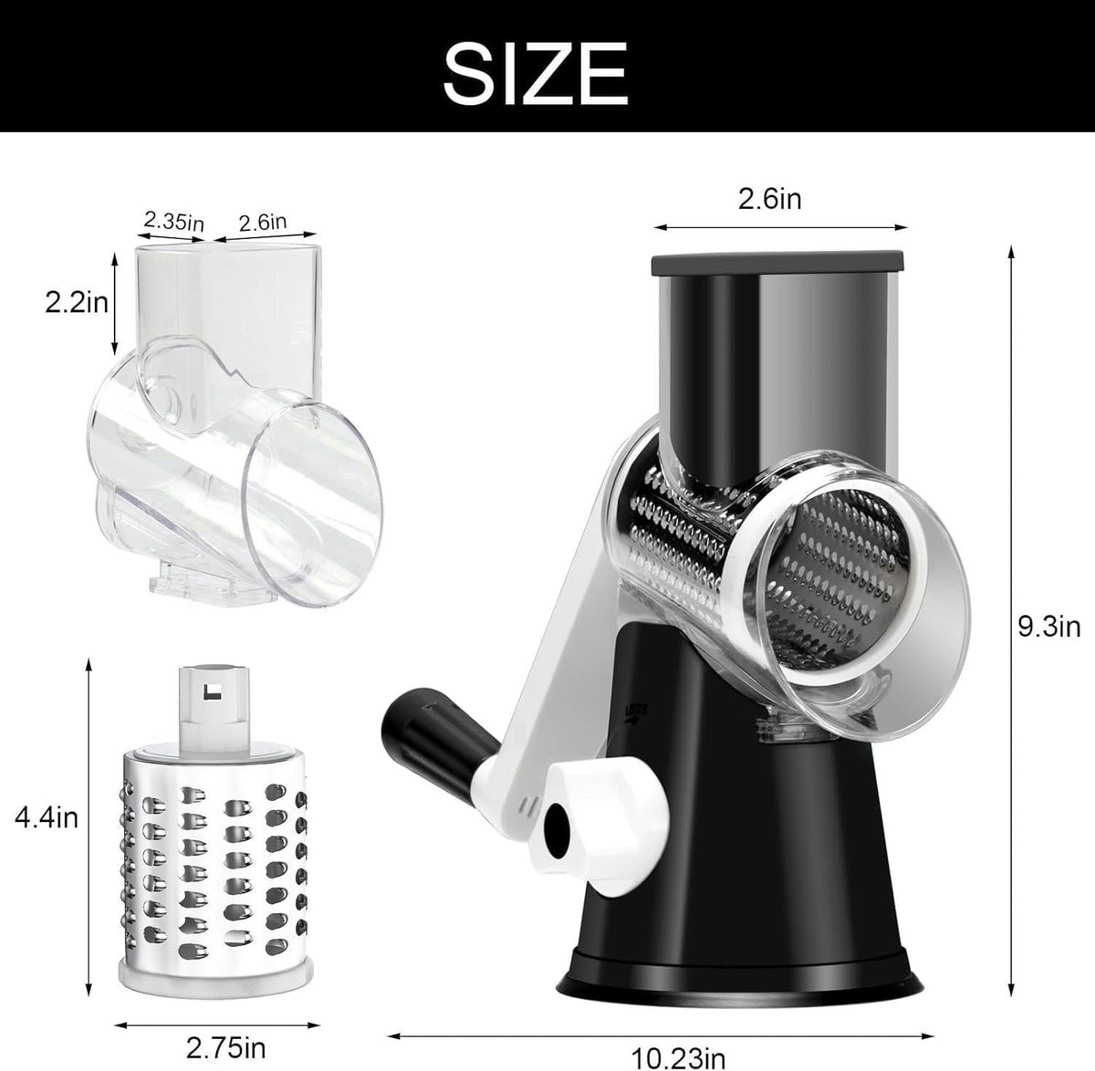 Cambom Rotary Cheese Grater Hand Crank Cheese Shredder, Black – packaging and label