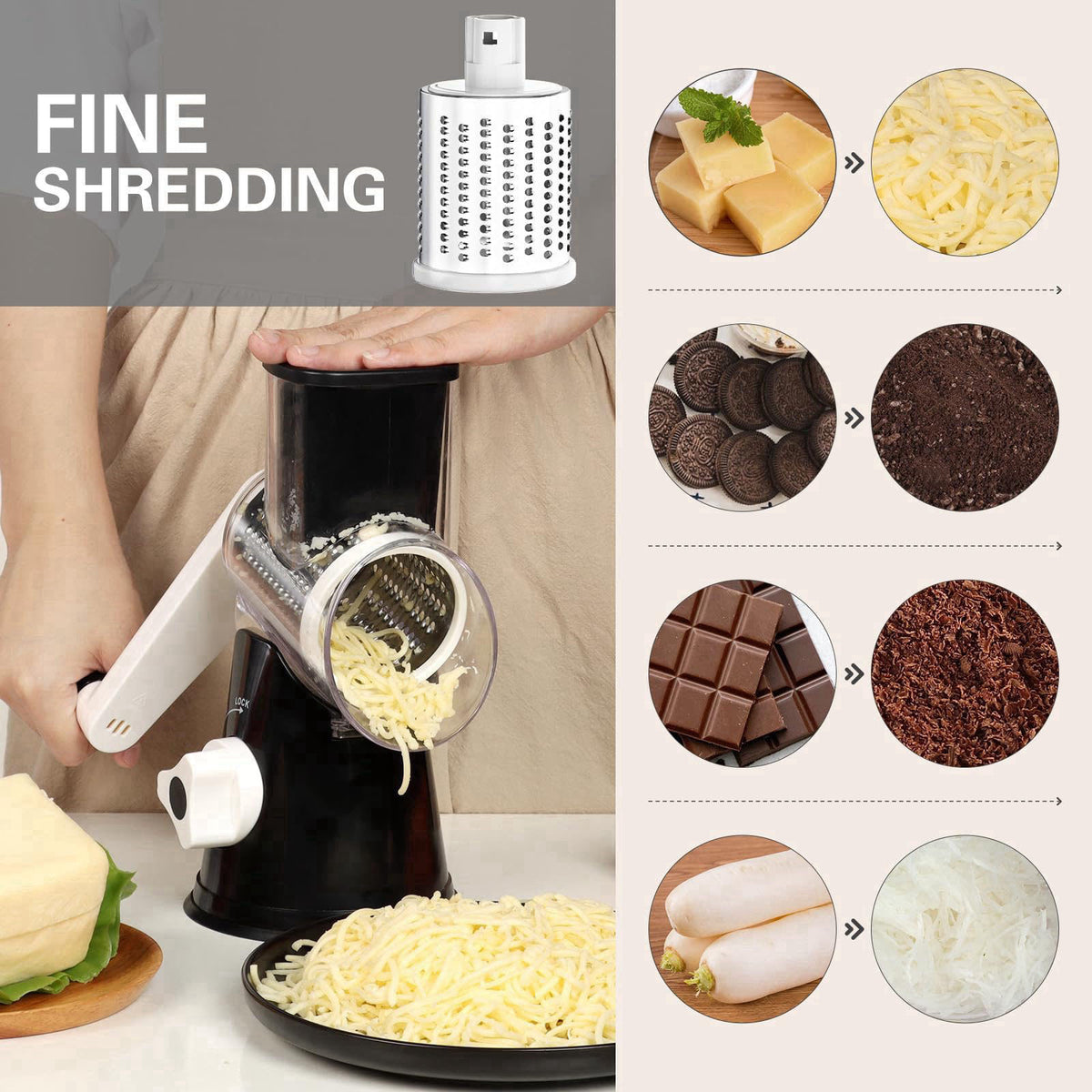 Cambom Rotary Cheese Grater Hand Crank Cheese Shredder, Black – alternate angle